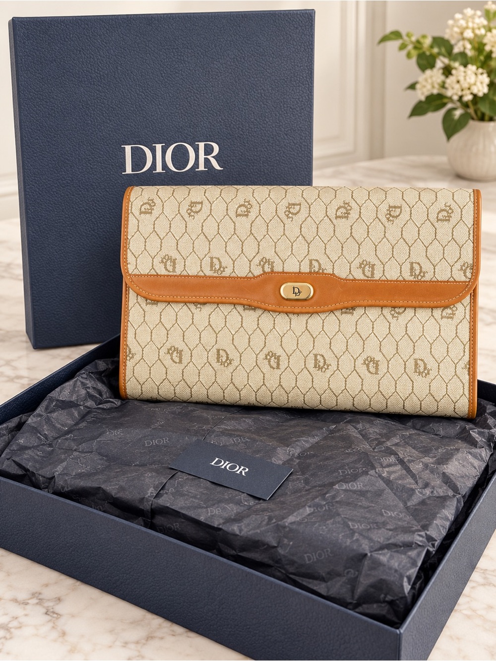 Vintage Christian Dior Honeycomb Clutch / Crossbody  – Full Set Presentation